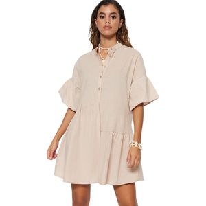 Trendyol Beige Geweven Gevlamde Katoenen Mini Strandjurk Met Brede Snit Tbess20El0873