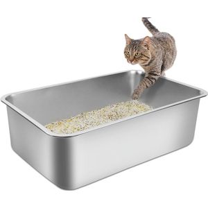RVS Kattenbak XXL - Kattentoilet Roestvrijstaal - Grote Kattenbak van RVS - Open Kattenbak - 60x40x15cm