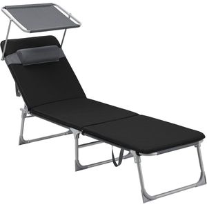 FurnStar - Ligstoel - Ligstoel met 3 cm Dikke Steun - Inklapbare Ligstoel - 193 x 53 x 29 cm - Draagvermogen tot 150 kg - Zonwering, Hoofdkussen, Verstelbare Rugleuning - Voor Tuin, Zwembad, Terras - Grijs Zwart