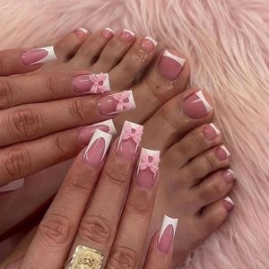 Allecto plus - Set van 48 French Tip Press on Nails - Middelgrote Vierkante Kunstnagels - Wit en Roze - Voor Vrouwen