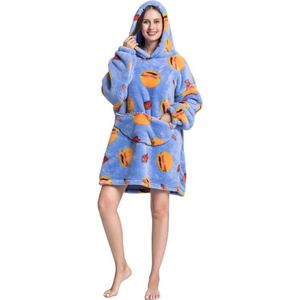 Hamburgers & frietjes fleece deken met mouwen en capuchon ��– fleece hoodie – fleece kleed met capuchon en mouwen – maat XS t/m XL – TV plaid met mouwen - 90 cm - chillen – relax outfit - lavendelblauw - Badrock