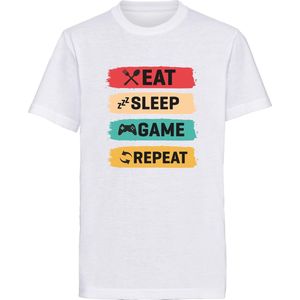 Eat Sleep Game Repeat - Gamers T-shirt - T-shirt kinderen - Maat 128 (7 - 8 jaar)