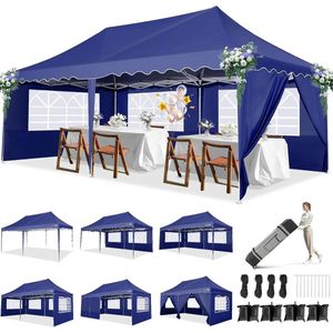 Partytent – Tuinpaviljoen – Evenemententent – Overkapping – 3x6 Meter – Staalframe – Waterdicht Met Zijwanden - Marineblauw