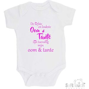 100% katoenen Romper ""De liefste en leukste Oom & Tante zijn toevallig mijn Oom & Tante"" Meisjes Katoen Wit/Fluor Pink Maat 62/68