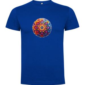 Kobalt Blauw T-Shirt met “Kleurrijke mooie Mandala in Geel Oranje Blauw “ Print Full Color Maat S
