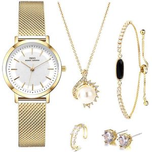 Modieus Gouden Horloge, Ring, Armband, oorbellen en Ketting | SMAEL G011| Boerni Aibisino | Goud luxe geschenk set luxe geschenk set | Crystal glass | Premium kwaliteit uurwerk | Mineraal | Geschenk | Fashion | Elegant | Dames | Vrouw | Black Friday