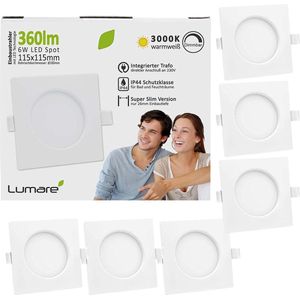 Lumare 6x LED inbouwspot 6W IP44 extra plat 230V ook voor badkamer en natte ruimte wit slechts 26mm inbouwdiepte Slanke plafondspot vierkant met geïntegreerde 400lm LED verlichting [Energieklasse F].