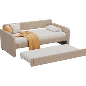 Merax Slaapbank 90x200 cm Eenpersoonsbed met Extra Uitschuifbaar Bed 90x190 cm - Beige Bruin
