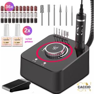 CACCIO® Zwart Elektrische Nagelfrees-40.000RPM-Elektrische Nagelvijl set-Nagelvijl elektrisch-Licht Gewicht Techno-Incl. 6 nagelbitjes- 2x15ml gellak-36 schuurrolletjes-Manicure Pedicure Voeten Handen-Vijl-Acrylnagels-Gelnagels-manicure pedicure set