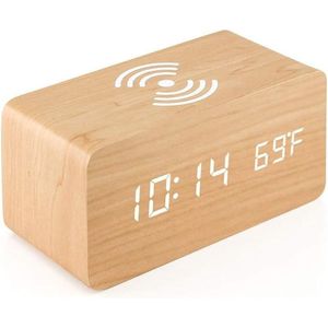 Houten digitale wekker, LED Digitaal Elektronisch Alarm Opladen Draadloos Opladen Digitale Houten Klok met Temperatuur Tijd Display - A