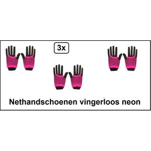 3x Paar nethandschoenen vingerloos neon pink - Festival thema feest disco