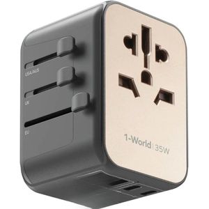 Reisadapter Wereldwijd 35W | Internationale Stekkeradapter met 3 USB-C, 2 USB-A en 1 AC | Gelijktijdig Opladen van 6 Apparaten | Voor DE, USA, UK, Thailand | Titanium Goud