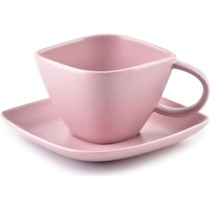 Affekdesign Happy espresso kop met schotel diamant vormig 100 ml roze - Koffiekopje of theekopje met schotel - Matte poeder roze kleur - 100ml