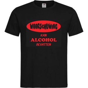 T-shirt Unisex Volwassenen Lol - carnaval - kermis - feestje - grappig Tekst ""Waarschuwing Kan alcohol bevatten"" Op Voorkant | korte mouw | Zwart/rood | maat XL