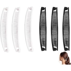 Set van 6 stuks - bananen haarclip - golvende haarclip - antislip haarclip - antislip haarclip met dubbele kam - visgraatkam - haarelastiekvork - haaraccessoires - stylingaccessoires - geschikt voor dagelijks gebruik en feestjes (zwart-wit)