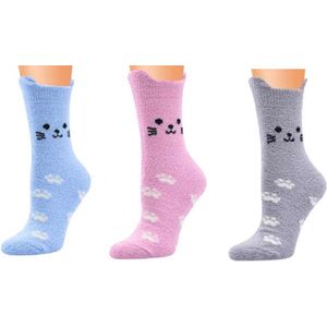 Fluffy Dames Sokken 3 paar - Huissokken - grijs - blauw - roze - leuke print kat - 36 - 40 - cadeau voor haar - giftbox