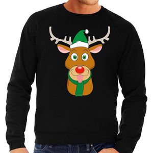 Foute kersttrui / sweater met Rudolf het rendier met groene kerstmuts zwart voor heren - Kersttruien S