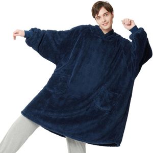 Hoodiedeken met mouwen, dekentrui, draagbare deken om aan te trekken, voor volwassenen, XXL, oversized knuffeltrui als cadeau voor heren en dames, warme mouwdeken, blauw, 107 x 90 cm