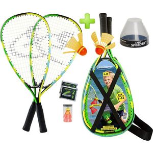 Speedminton Junior Plus set - AANBIEDING - speedbadminton - crossminton - speed badminton set - 2 duurzame rackets - 2 Speedminton FUN Speeders - 2 speedlights - blauw/groen/geel - incl. HELI Speeder Tube