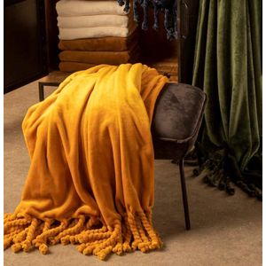 Dutch Decor - FLORIJN - Plaid 150 x200 cm - grote flannel fleece plaid met flosjes - Golden Glow - geel