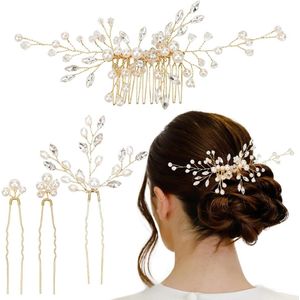 Brenzoos - Haaraccessoires voor bruiloften - 4-delige set bruidshaarkam en U-vormige haarspelden met kristallen kralen - goud