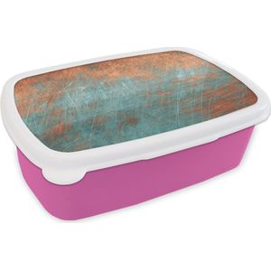 Broodtrommel Roze - Lunchbox - Brooddoos - Metaal - Roest - Brons - Blauw - Abstract - Structuur - 18x12x6 cm - Kinderen - Meisje