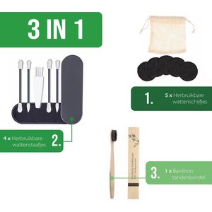 5 Duurzame Herbruikbare  en wasbare wattenschijfjes zwart + 4 Duurzame Herbruikbare Wattenstaafjes + 1 Bamboe tandenborstel/Natural Bamboo tandenborstel