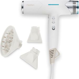 MEDION HD2 haardroger (ionische technologie, 1.500 watt, veelzijdige opzetstukken voor diffuser en stylingmondstukken, duurzame BLDC motor, zelfreinigende functie, lang netsnoer) wit