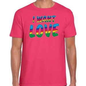 Bellatio Decorations Gay Pride t-shirt met tekst - heren - roze - I want love - LHBTI/LHBTIQ XL