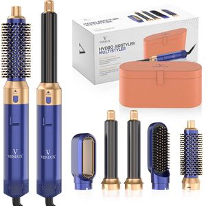 VENEUX® Föhnborstel - Airstyler - Krulborstel - Warmteborstel - 5 in 1 Multistyler - Met Opbergcase - Blauw Met Goud