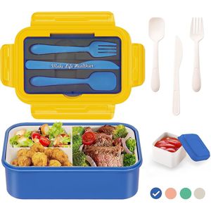 Lunchbox voor volwassenen en kinderen, Bento Box, broodtrommel, 1400 ml, met 3 vakken, incl. bestek, de snackbox is geschikt voor magnetrons en vaatwassers, voor school, werk, picknick en op reis, blauw + sausbakje