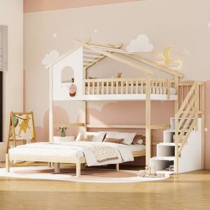 Hoogslaper, 90*200 cm, bedhek, opbergladder, raam, huishek, onderbed 140*200 cm, wit + naturel
