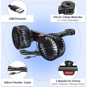 Dubbele kop autoventilator voor hoofdsteunen USB-ventilator draagbare ventilator met 3 snelheden 360° tafelventilator stil- Compact en krachtig!