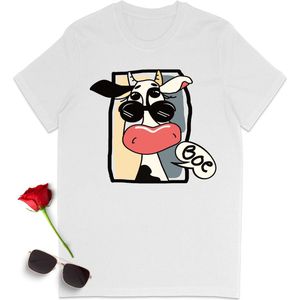 Grappig t Shirt met Cartoon Koe - Dames t shirt met print - Heren t shirt met opdruk - Unisex maten: S M L XL XXL XXXL - Tshirt kleuren: wit, khaki, blauw en groen.