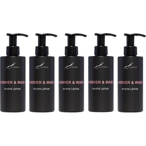 Shower & Wash White Lotus 300 ml - met pomp - zwarte fles - set van 5 stuks - Voordeelverpakking