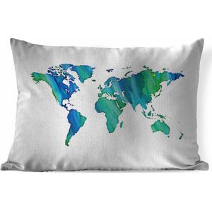 Sierkussens - Kussen - Waterverf wereldkaart blauw-groene strepen op witte achtergrond - 60x40 cm - Kussen van katoen