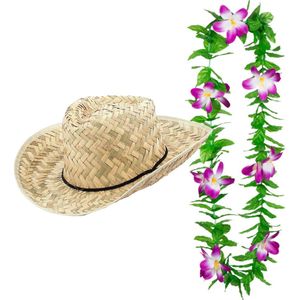 Toppers - Carnaval verkleedset - Tropische Hawaii party - strohoed - en volle gekleurde bloemenslinger - voor volwassenen