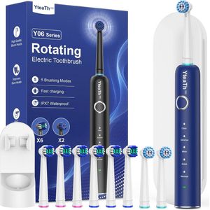 Elektrische tandenborstel met 8 opzetborstels, wandhouder, laadstation en 5 poetsmodi voor volwassenen en kinderen