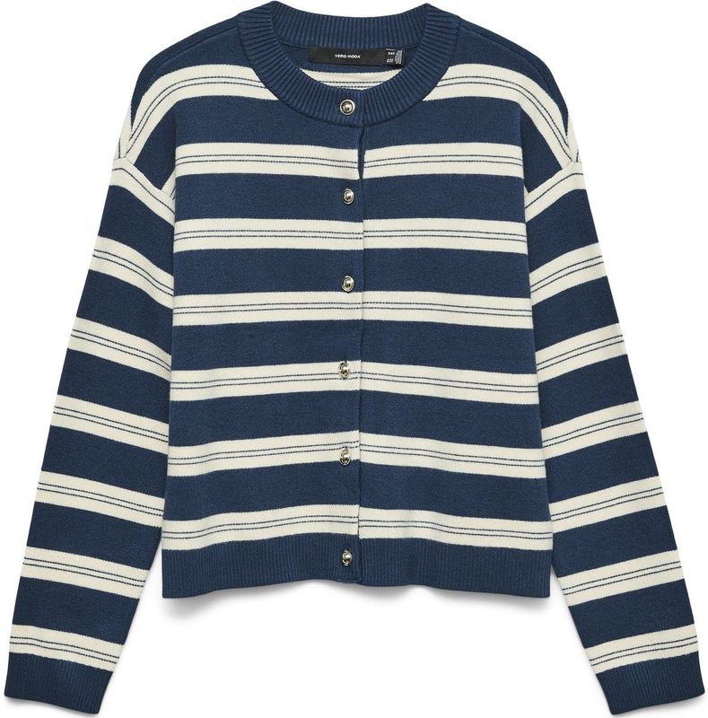 Vero Moda Vest Vmgold Stripe Ls O-neck Cardigan 10337627 Dark Denim/w.birch Dames Maat - M