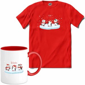 Kerst pinguin buddy's - T-Shirt met mok - Heren - Rood - Maat 4XL