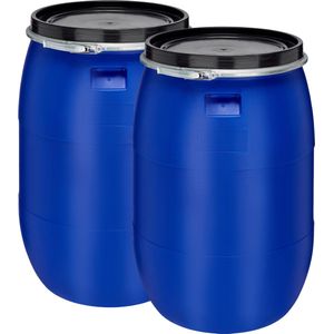 Garronda 2x180L Kunststof Trommel Met Deksel - Regenton - Vat - HDPE - Voedselvat - Tuin Hobbock – Blauwx2 - GD-STE-Barrel-B220C-2B