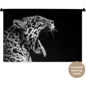 Wandkleed Dieren - Zwart-wit portret van een gapende jaguar Wandkleed katoen 90x60 cm - Wandtapijt met foto