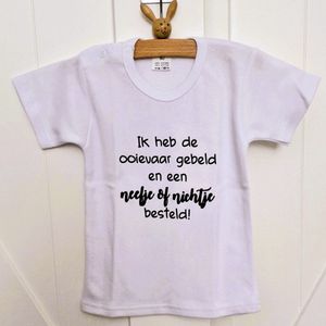 Shirt ik heb de ooievaar gebeld en een nichtje of neefje besteld | kort mouw | wit| maat 56 zwangerschap aankondiging bekendmaking baby