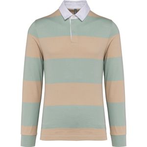 Gestreepte unisex polo lange mouwen merk Kariban maat S Sage Groen/Sand