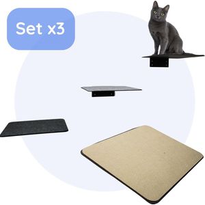 Hilvard – Katten muur plankjes klim – 3 stuks - Krabplank – Katten klimmuur –Beige Vilt - Zwart - Kat Klim Wand - Klimmuur kat – Kattenplanken voor de muur - 20 x 24 cm