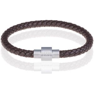 Memphis armband leer met edelstaal Donkerbruin Zilverkleurig-23cm