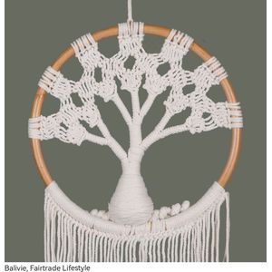 Balivie - Wandkleed - Macramé - Tree of Life - Hand geknoopt katoen binnen een frame van Rotan in cirkel vorm - Wit - ø 33 cm D 2 cm L 95 cm