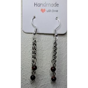 Tijgeroog Rood Oorbellen dubbel, hang zilverkleurig