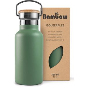 Bambaw® 350ml RVS Thermosfles - Isoleerfles, Dubbelwandig, Lekvrijen, loodvrij en Plasticvrij Geïsoleerde Fles met Bamboe Deksel voor Warme en Koude Dranken - Ideaal voor Reizen, Werk, Yoga, Wandelen en Dagelijks Gebruik – groen