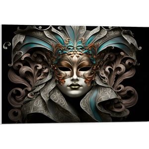 PVC Schuimplaat- Wit Venetiaanse carnavals Masker met Blauwe en Gouden Details tegen Zwarte Achtergrond - 75x50 cm Foto op PVC Schuimplaat